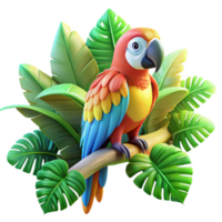 magnificent minimalist A colorful macaw perched on a branch, surrounded by lush tropical foliage, lit by bright sunlight, vibrant and detailed style high resolution png