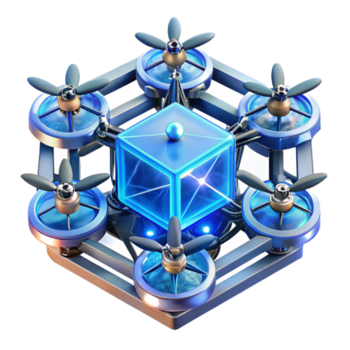 wonderful artistic A swarm of miniature drones assembling a complex crystal lattice structure, lit by cool blue spotlights, in a futuristic style authentic png