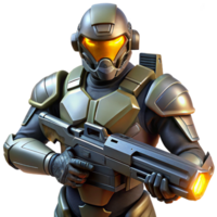 extraordinary classic A futuristic soldier in power armor, holding a plasma rifle, ready for battle, gritty and realistic lighting, concept art high quality png