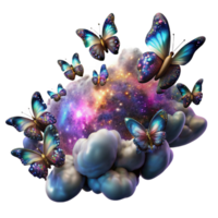 stunning artistic A swarm of iridescent, crystalline space butterflies migrating through a cosmic dust cloud, illuminated by a distant quasar. Greg Rutkowski style, painterly, vibrant colors authentic png