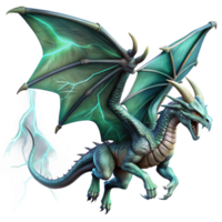 beautiful artistic A colossal dragon with emerald scales, soaring through a storm-ridden sky, illuminated by flashes of lightning. Dynamic, fantasy art style premium png