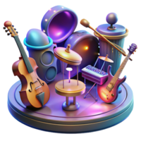 impressive contemporary A group of floating musical instruments playing themselves, illuminated by stage lighting. Surrealism style exclusive png