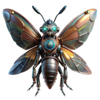 vibrant traditional A robotic insect with metallic wings and glowing eyes, intricate details and realistic textures, dark background with green accents, biopunk style authentic png