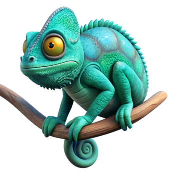 impressive abstract A chameleon perched on a branch, skin displaying intricate patterns of turquoise and emerald, vibrant and detailed close-up premium png