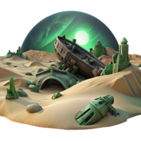 dramatic minimalist A spaceship wreckage on a desolate alien planet, sand dunes stretching to the horizon, eerie green sky, post-apocalyptic atmosphere authentic png