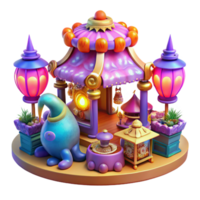 dramatic creative A vibrant alien marketplace, filled with exotic creatures and glowing goods, illuminated by the warm, multicolored light of floating lanterns, in a fantasy art style 4K png