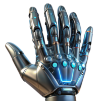 deslumbrante artístico uma fechar-se do uma cibernético mão, intrincado metálico detalhes e brilhando fios visível, aceso de uma dramático, contrastante claro. cyberpunk estilo Alto qualidade png