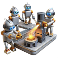impressive abstract A group of robots working in a futuristic factory, sparks flying from welding torches, industrial and gritty lighting, photorealistic premium png