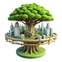 serene traditional Giant tree with a city built into its branches, intricate walkways and platforms, lush foliage, sunlight filtering through leaves high quality png