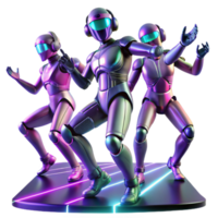 serene traditional A group of robotic dancers, moving in perfect synchronization, on a stage with dynamic, shifting light patterns. Synthwave style original png