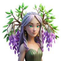 vibrant modern A serene dryad emerging from a willow tree with cascading leaves of amethyst and emerald, bathed in dappled sunlight. Detailed, pre-Raphaelite style high quality png