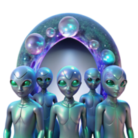 magnificent artistic A group of humanoid aliens with iridescent scales gathers around a shimmering portal, their faces filled with awe. Soft lighting, fantasy style detailed png