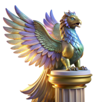 wonderful rustic A majestic griffin with iridescent feathers, perched atop a crumbling marble pillar, illuminated by a single shaft of golden light. Art Deco style genuine png
