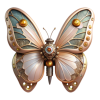 magnificent classic A steampunk butterfly with mechanical wings, gears and springs visible, delicate filigree patterns, illuminated by a soft, dappled sunlight authentic png