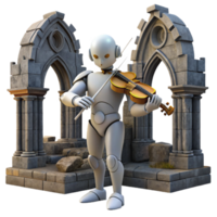 magnificent modern A robot playing a violin in a ruined cathedral, soft lighting, melancholic, romanticism style genuine png