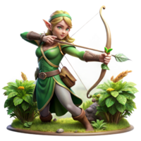 serene contemporary A graceful elf archer aiming her enchanted bow, adorned with intricate elven script, in a lush, vibrant forest. Soft, natural lighting. Art Nouveau style original png