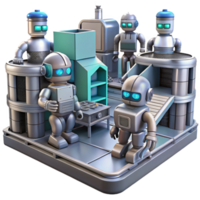 vibrant rustic A group of robots working in a futuristic factory, harsh lighting, industrial, dystopian style authentic png