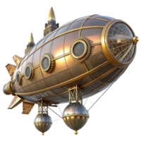 impressive rustic A steampunk zeppelin, adorned with intricate clockwork designs and propellers, floating above a cityscape, lit by a bright, morning light 4K png