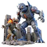 beautiful minimalist A giant robot battling a monstrous alien creature, amidst the ruins of a futuristic city, epic scale, dynamic action pose professional png