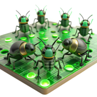 serene abstract A group of miniature, insect-like robots swarming over a circuit board, lit by the green glow of LEDs, in a macro photography style detailed png
