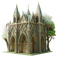 beautiful rustic Gothic cathedral made of interwoven tree branches, dappled sunlight filtering through leaves, hyperrealistic render, soft focus professional png