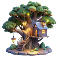 impressive classic A magical treehouse nestled in the branches of a giant tree, glowing lights, fantasy art detailed png