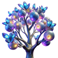beautiful creative A fractal tree with branches made of lightning and leaves of iridescent butterflies, illuminated by a full moon, in a psychedelic art style, high quality png