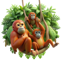 magnificent rustic A family of orangutans swinging through the rainforest canopy, dappled sunlight, playful and agile exclusive png