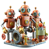 serene traditional A group of robots, each with unique designs and functions, works together to assemble a complex machine. Industrial lighting, steampunk style genuine png