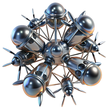 dramatic classic A swarm of nanobots, resembling metallic insects, assembling a complex structure, illuminated by microscopic laser beams. Abstract style high resolution png