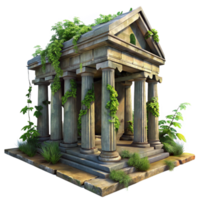 stunning abstract Ruined ancient temple, overgrown with vegetation, dappled sunlight, ancient architecture, digital painting, high quality png
