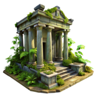 serene traditional Ruined ancient temple, overgrown with vegetation, dappled sunlight, ancient architecture, digital painting, high resolution png
