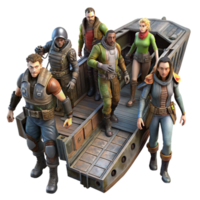 dramatic classic A group of space pirates, with ragged clothing and cybernetic enhancements, board a derelict spaceship. Dark, gritty lighting high quality png