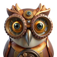 stunning contemporary A close-up portrait of a steampunk owl, with intricate clockwork gears integrated into its feathers, illuminated by a warm, amber light. Art nouveau style authentic png
