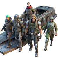 magnificent artistic A group of space pirates, with ragged clothing and cybernetic enhancements, board a derelict spaceship. Dark, gritty lighting detailed png