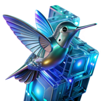 stunning abstract A chrome and glass robotic hummingbird hovering amidst digital data streams, illuminated by soft blue neon light, in a hyperrealistic style premium png