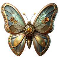 dramatic traditional A steampunk butterfly with mechanical wings, gears and springs visible, delicate filigree patterns, illuminated by a soft, dappled sunlight exclusive png