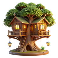 wonderful minimalist Treehouse built into a giant sequoia, rustic wooden construction, intricate details, warm evening light, fairytale style premium png