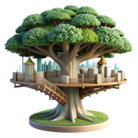 extraordinary rustic Giant tree with a city built into its branches, intricate walkways and platforms, lush foliage, sunlight filtering through leaves genuine png