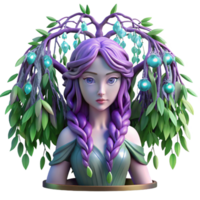 elegant classic A serene dryad emerging from a willow tree with cascading leaves of amethyst and emerald, bathed in dappled sunlight. Detailed, pre-Raphaelite style original png