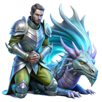 impressive abstract A powerful, armored knight kneeling before a spectral dragon, its scales shimmering with celestial light. Epic, fantasy art style high resolution png