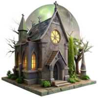 stunning contemporary A decaying, abandoned church with broken stained-glass windows and overgrown vines, lit by a full moon. Gothic horror style high resolution png