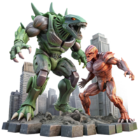 extraordinary traditional A giant robot battling a monstrous alien creature, amidst the ruins of a futuristic city, epic scale, dynamic action pose original png