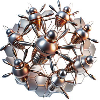 elegant rustic A swarm of nanobots, resembling metallic insects, assembling a complex structure, illuminated by microscopic laser beams. Abstract style premium png