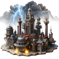 serene abstract A steampunk cityscape, towering clockwork buildings and intricate sky bridges, under a dark, stormy sky, illuminated by flashes of lightning 4K png
