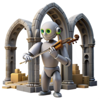 impressive abstract A robot playing a violin in a ruined cathedral, soft lighting, melancholic, romanticism style 4K png