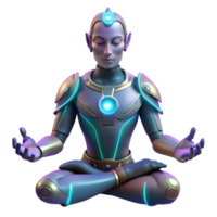 extraordinary creative A cyborg with glowing tattoos meditating in a forest, soft lighting, spiritual, fantasy style exclusive png