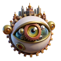 serene abstract A giant, floating eye watches over a city made of interconnected gears and cogs. Steampunk style, warm, artificial lighting authentic png