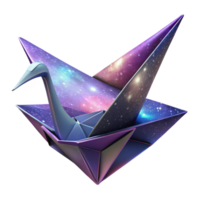 dramatic abstract A giant, origami crane folds itself out of a sheet of swirling galaxies. Abstract style, vibrant, cosmic lighting high quality png