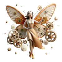 magnificent contemporary A woman with butterfly wings made of clock gears floats amidst a field of dandelion seeds. Surrealism style, soft, dreamlike lighting high quality png